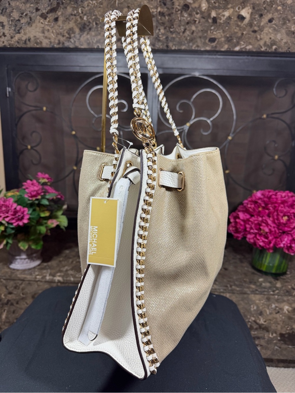 Michael Kors Beige Canvas Shoulder Tote with White Trim and Gold Chain Handles - Picture 3 of 6